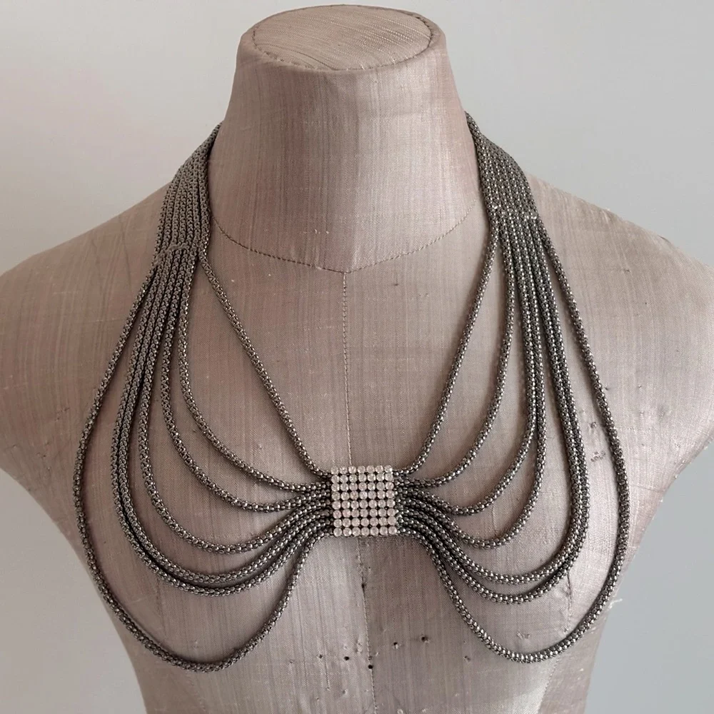 Dark Silver Tone Mesh Layered Swag Chest Chain Statement Necklace with‎ Crystal